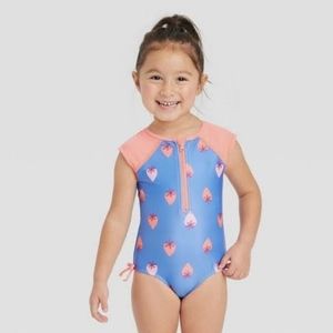 NWT Toddler Girls' Strawberries One Piece Swimsuit - Cat & Jack Blue Size 12 M